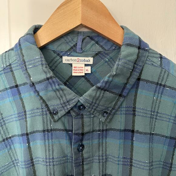 Carbon 2 Cobalt Men's XL Blue Plaid 100% Cotton Short Sleeve Button Up Shirt - Picture 4 of 5